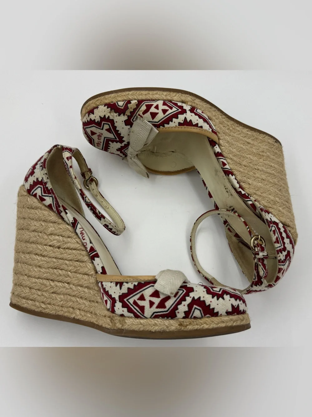 Miu Miu Slingback Wedge Espadrille Multicolor Logo Printed Canvas Ankle Strap 37